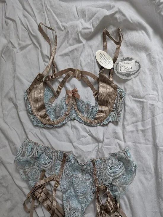 NWT Bordelle Nami Guipure Collection - Ouvert Bra (M) + Bottom (L) Duck Egg Blue - Picture 1 of 5